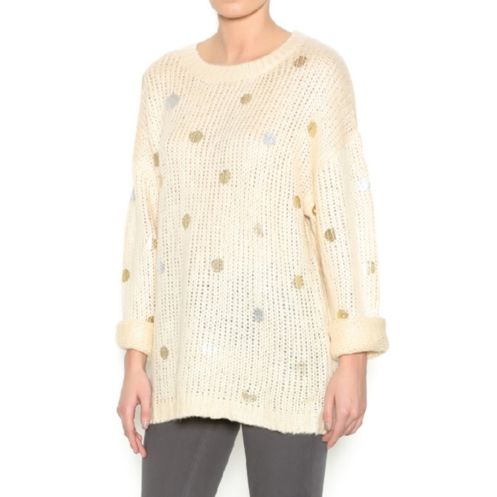 POL Knit Oversized Cream Crew Neck Sweater with Metallic Polkadots, EUC, sz S